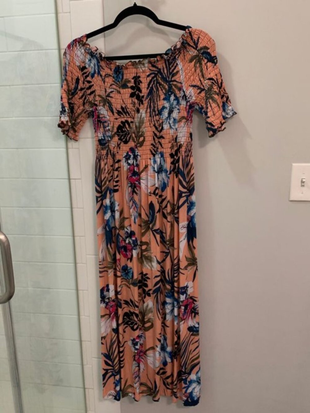 SHEIN Off the Shoulder Layered coral Floral Smocked Maxi Dress Women's Size XL